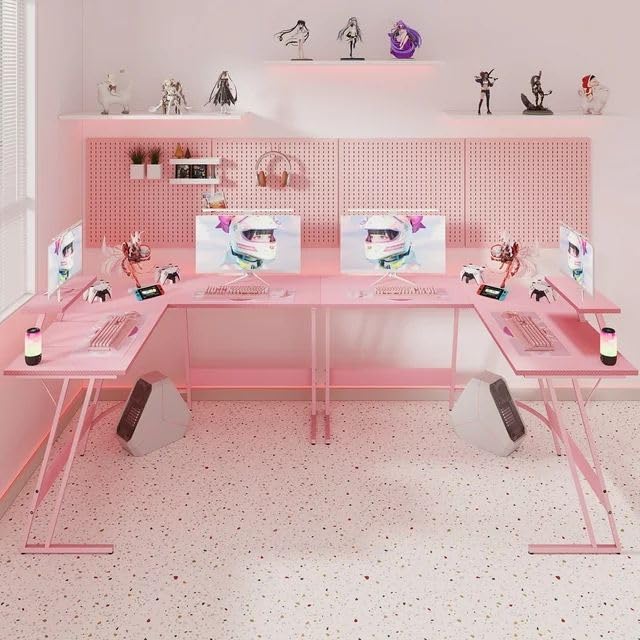 Pink 47 Inch L Shaped Computer Desk with Carbon Fiber Surface S50882