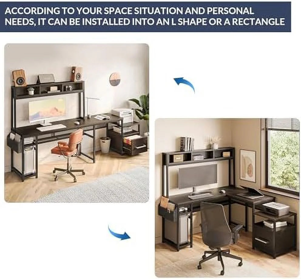 Computer Desk with Monitor Stand and File Cabinet, 104" Long L-Shaped Desk with RGB LED Lights and USB AC Outlet X727408