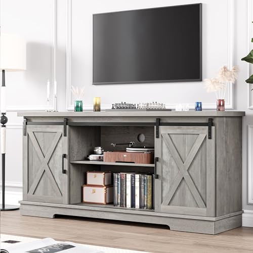 White TV Stand with Storage and Sliding Barn Doors F359