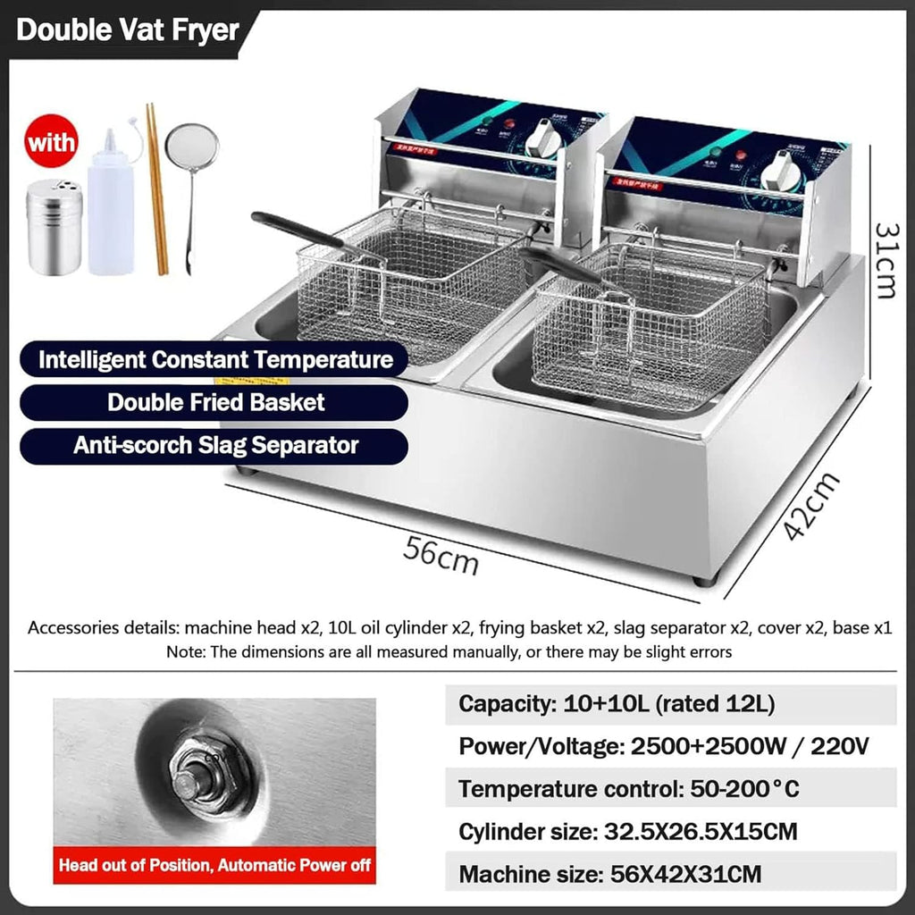 20L Electric Double-Cylinder Stainless Steel Deep Fat Fryer with 2 Fry Basket And Lid D1841