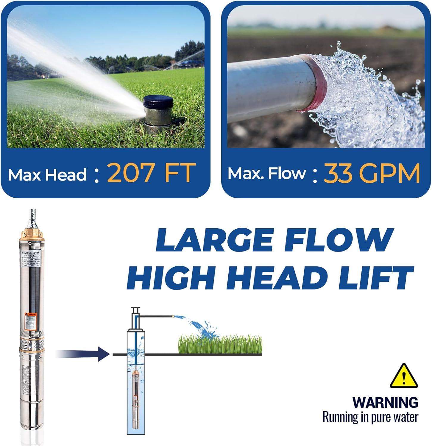 1HP 220V 60HZ 0.75KW Stainless Steel Submersible Well Pump, 1.25" Outlet, 33GPM 207ft Head K875610