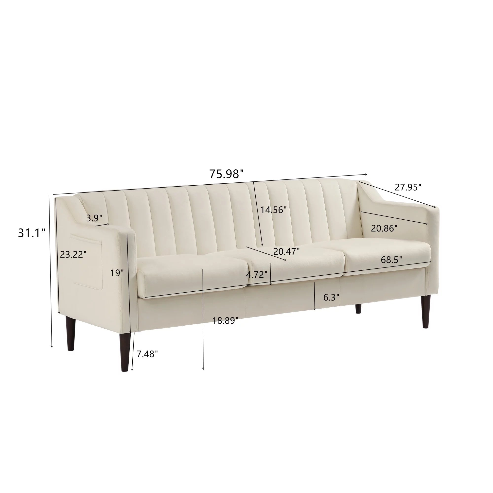 3 Seats Velvet Upholstered Sofa with Wooden Frame and Wood Legs D950