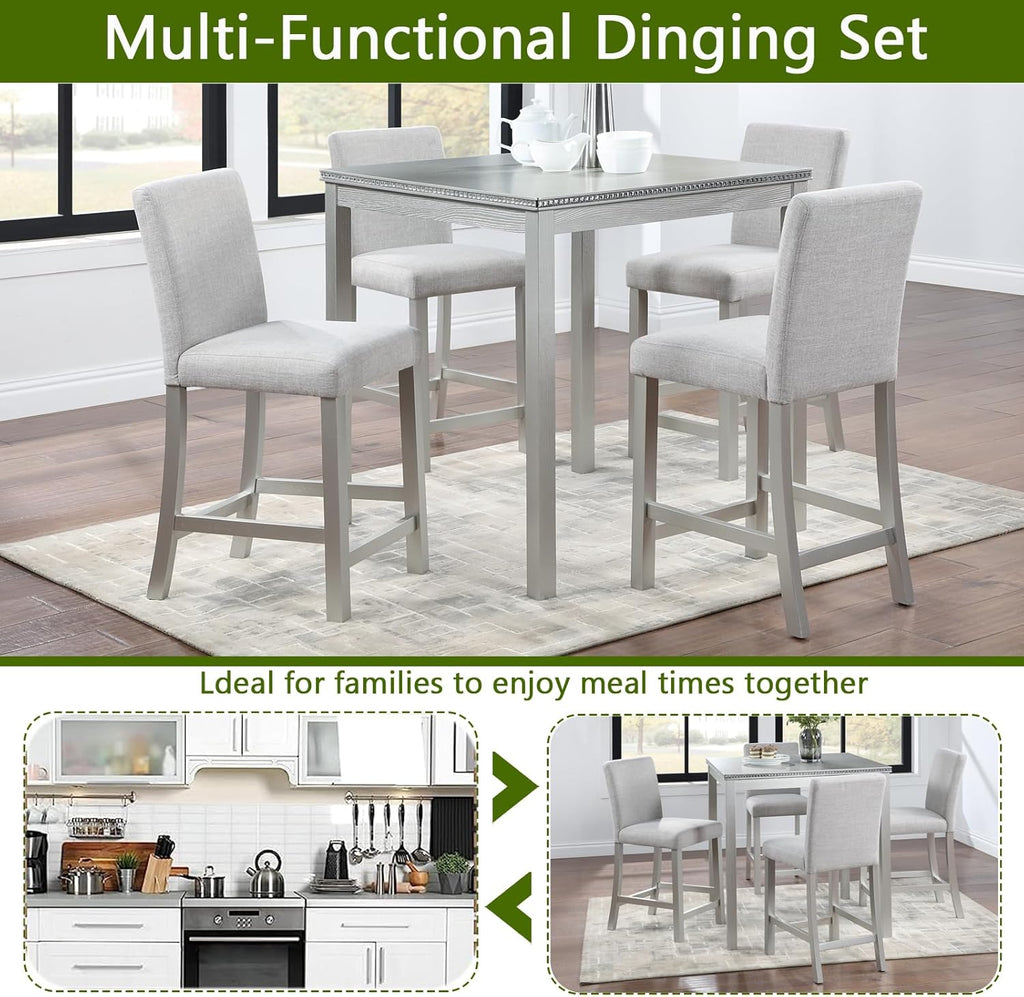 5-Piece Acacia Wood Counter Height Dining Table Set with 4 Upholstered-Seat Chairs B854