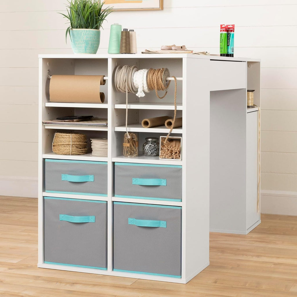 Pure White Counter-Height Craft Table with 4 baskets P128677