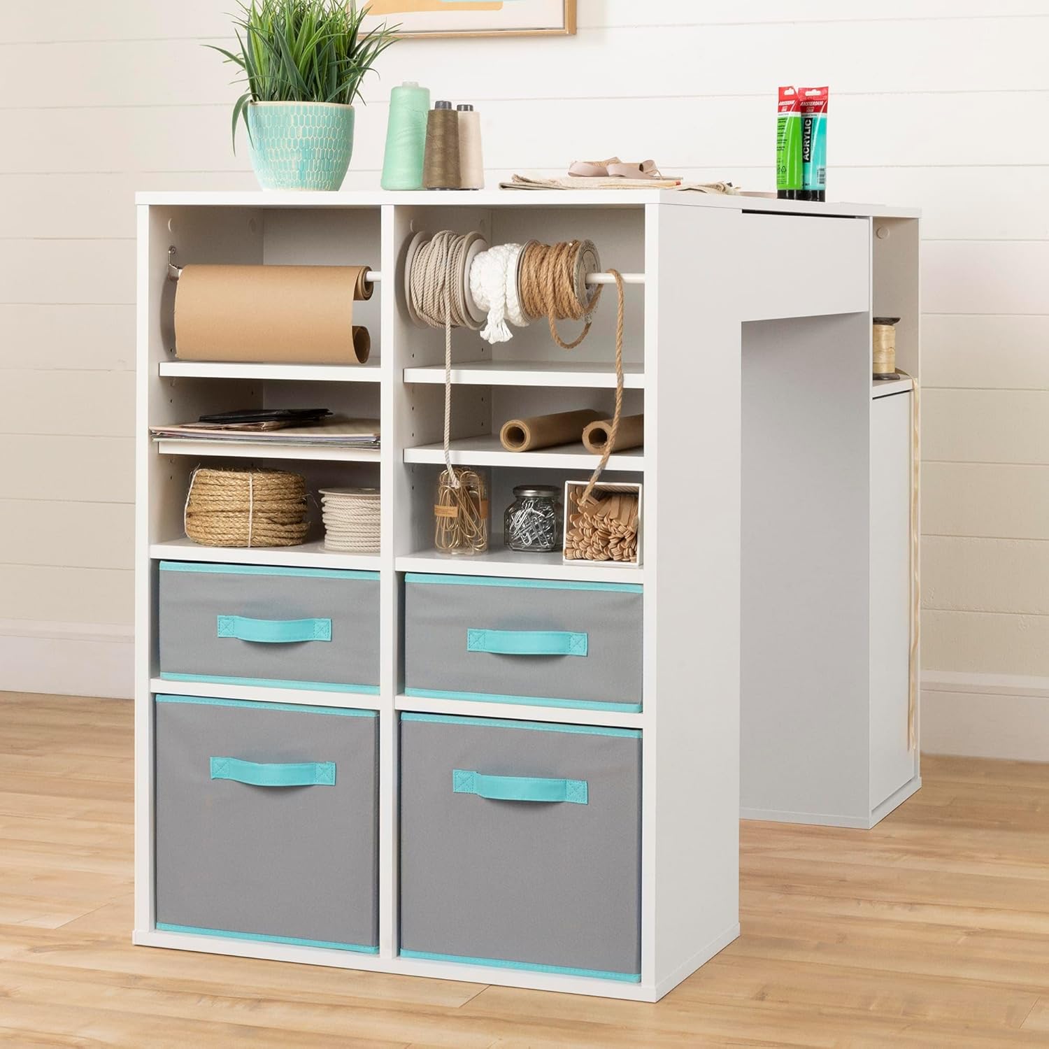 Pure White Counter-Height Craft Table with 4 baskets P128677