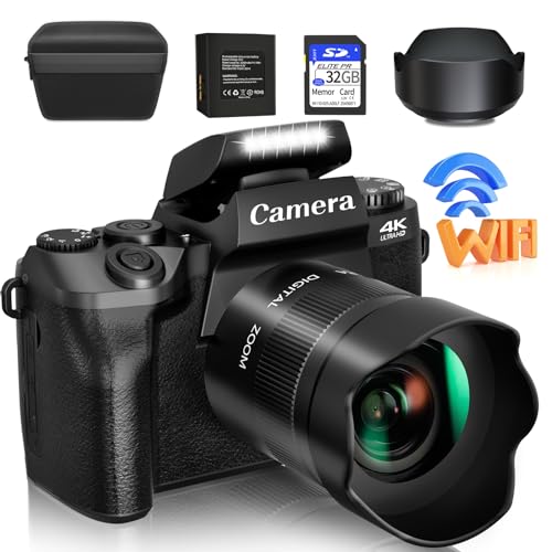 4K 64MP WiFi Touch Screen Digital Camera with Flash, 32GB SD Card, Lens Hood, 3000mAH Battery - Black K660763