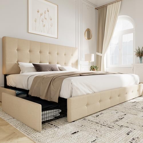 Light Grey Queen Size Platform Bed Frame with 4 Storage Drawers C349556