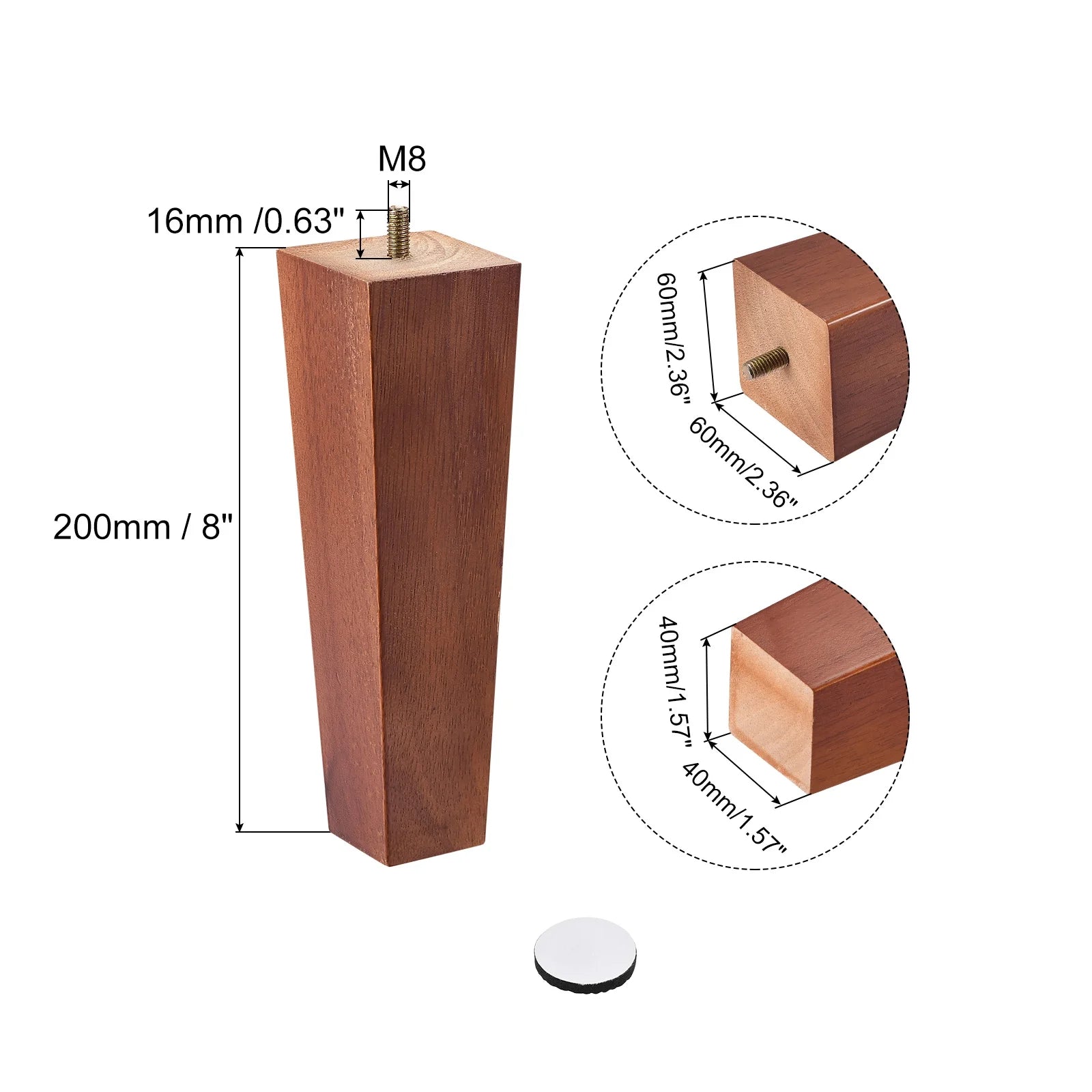 8 Inch Set of 4 Square Solid Wood Couch Legs, Brown E128