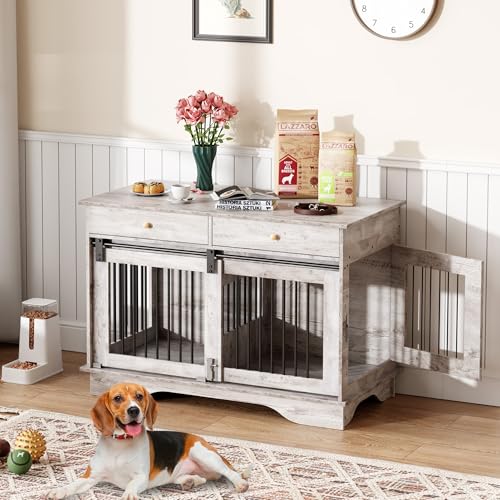47" Grey Dog Crate Furniture with 2 Storage Draws B4927