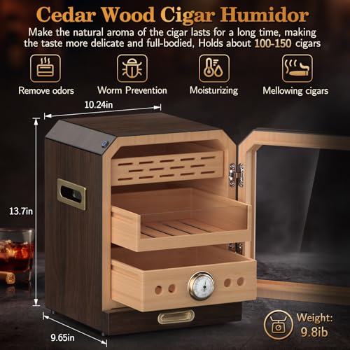 Lighted Magnetic Door Desktop Cigar Humidor Cabinet with Drawer, 3 Layer, Brown B78421