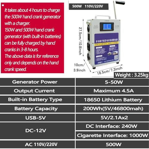 500W Hand Crank Generator with Outlets DC/USB Supply J3045