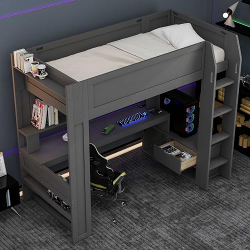 Dark Gray Wood Twin Size Gaming Loft Bed with Desk and Shelves A273908