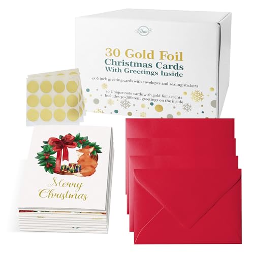 30 Unique Christmas Cards with Envelopes 4x6 and Gold Sealing Stickers Boxed Greeting Cards Set M330831