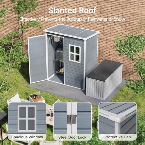 6x4 FT Outdoor Storage Shed with Floor, Resin, Lockable Doors G4861