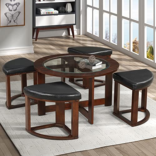 Solid Wood Glass Top Round Coffee Table with 4 Stools F678606
