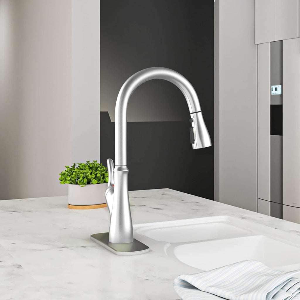 Brushed Nickel Kitchen Faucet with Pull Down Sprayer, Single Handle High Arc Stainless Steel Sink Faucet N4653