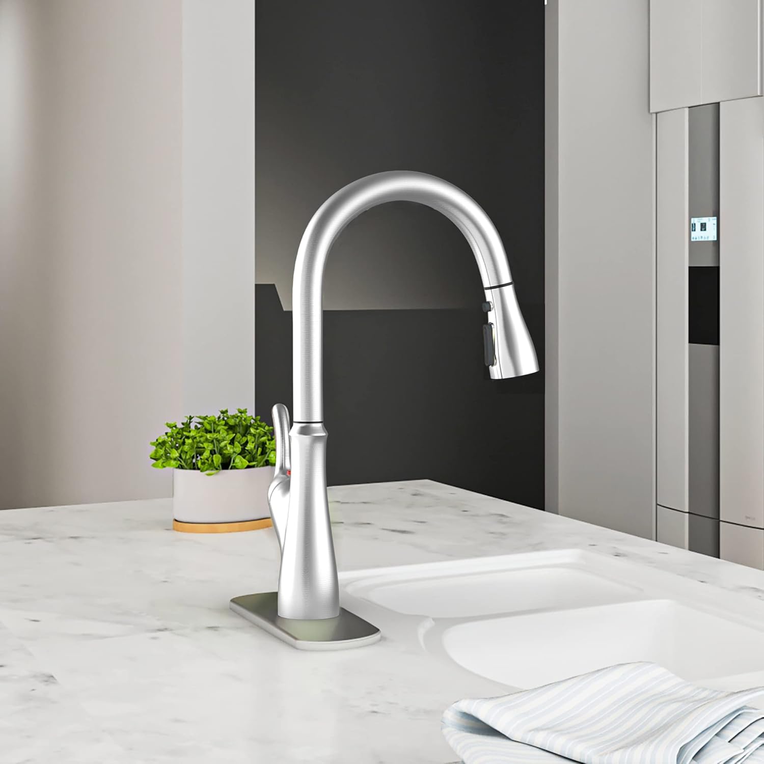 Brushed Nickel Kitchen Faucet with Pull Down Sprayer, Single Handle High Arc Stainless Steel Sink Faucet N4653