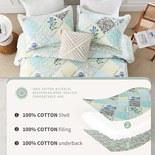 Blue Grey 100% Cotton Queen Size 3-Pieces Quilt Bedding Set T837358