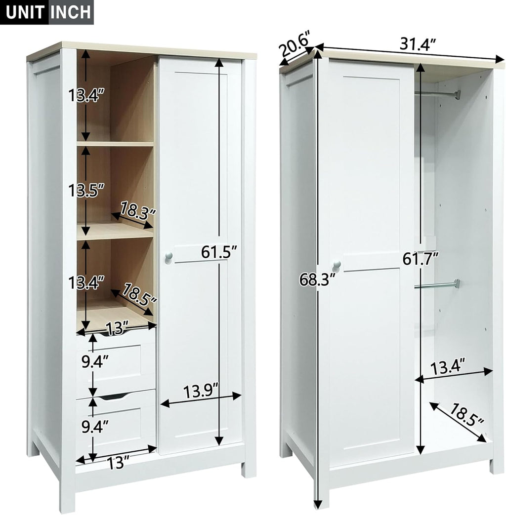 White Wooden Wardrobe Closet with 2 Drawers and Sliding Door M5632