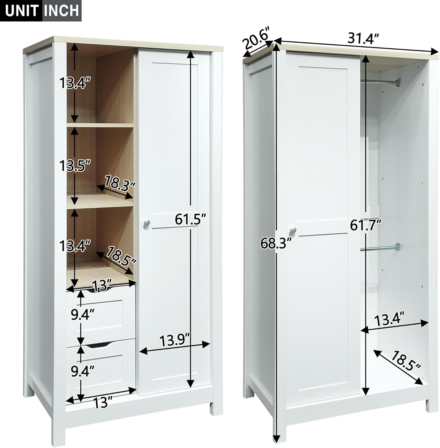 White Wooden Wardrobe Closet with 2 Drawers and Sliding Door M5632