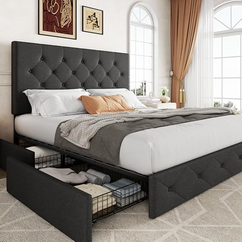 Light Grey Queen Size Platform Bed Frame with 4 Storage Drawers C349556