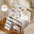 White Vanity Desk with Mirror, Lights, and Drawers with Cushioned Stool P943843