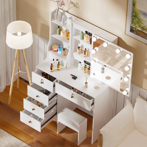 White Vanity Desk with Mirror, Lights, and Drawers with Cushioned Stool P943843