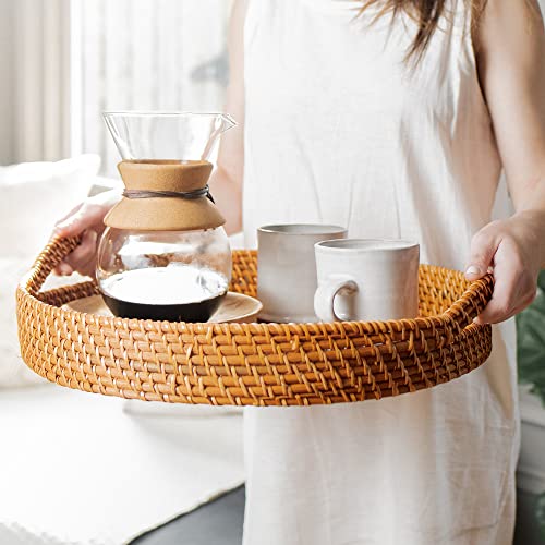 Round Wicker Rattan Tray 18 inches Hand Woven Natural Serving Tray with Handles O282843