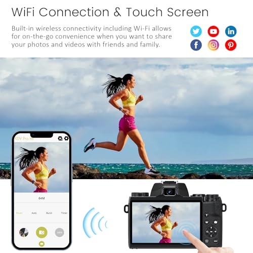 4K 64MP WiFi Touch Screen Digital Camera with Flash, 32GB SD Card, Lens Hood, 3000mAH Battery - Black K660763
