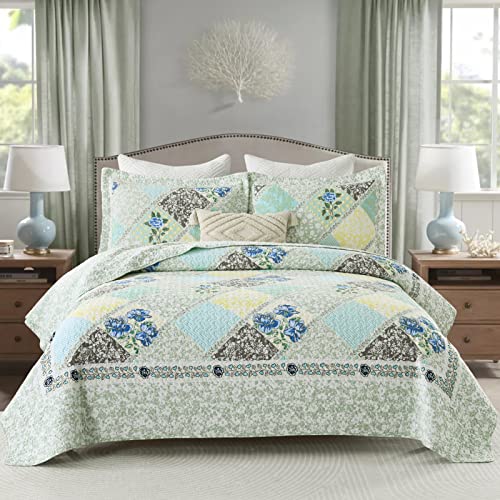 Blue Grey 100% Cotton Queen Size 3-Pieces Quilt Bedding Set T837358