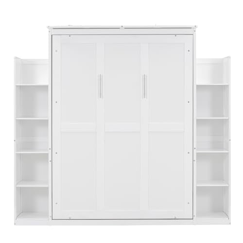 White Full Size Wood Murphy Bed with Shelves and Led Lights M5613