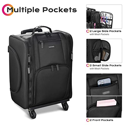 Black Rolling Makeup Train Case Soft Sided Cosmetic Storage Organizer Carry on Travel with Removable Side Pocket Bag X838608