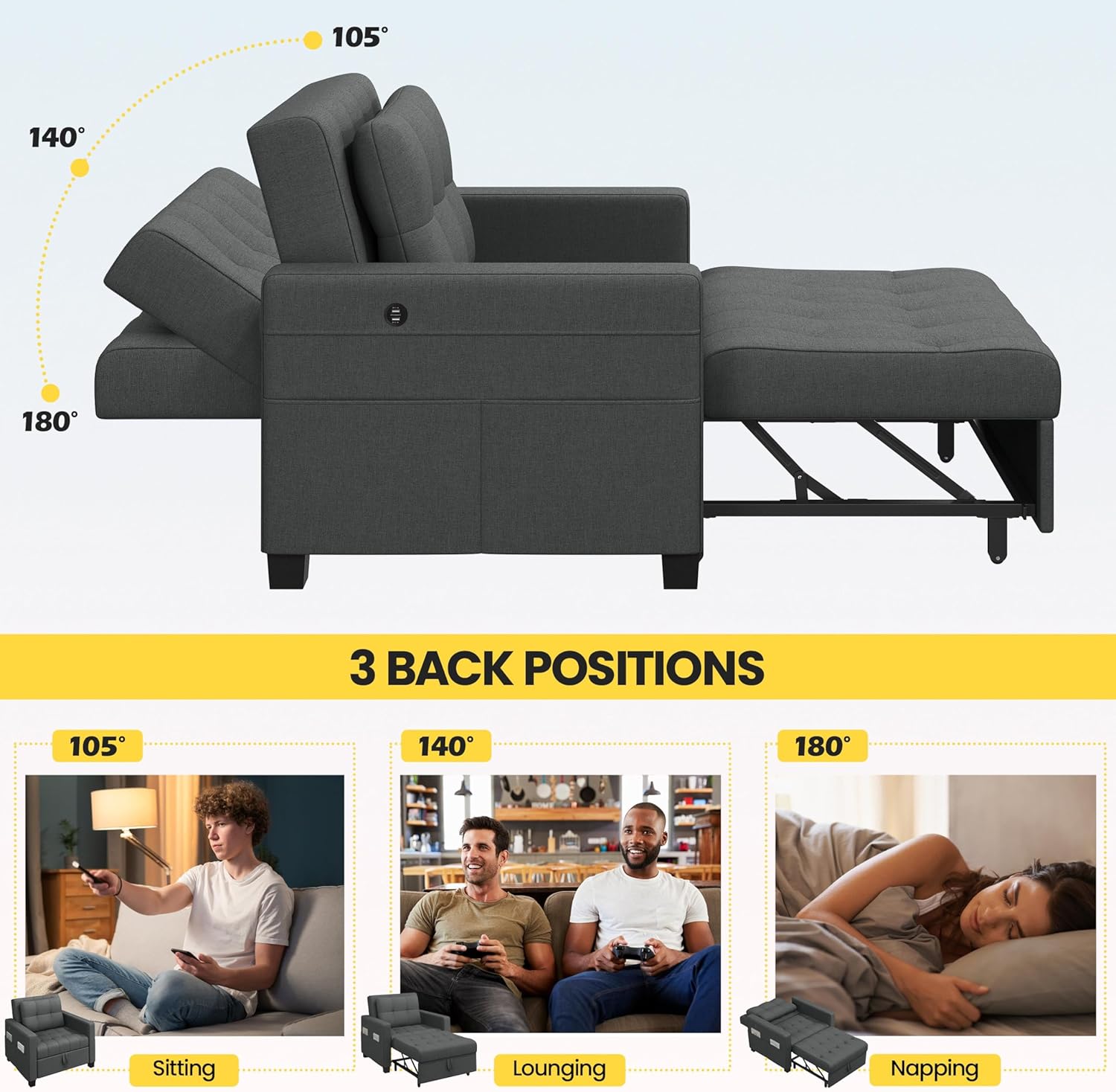 Dark Gray Fabric Convertible Futon Sofa Chair S8750