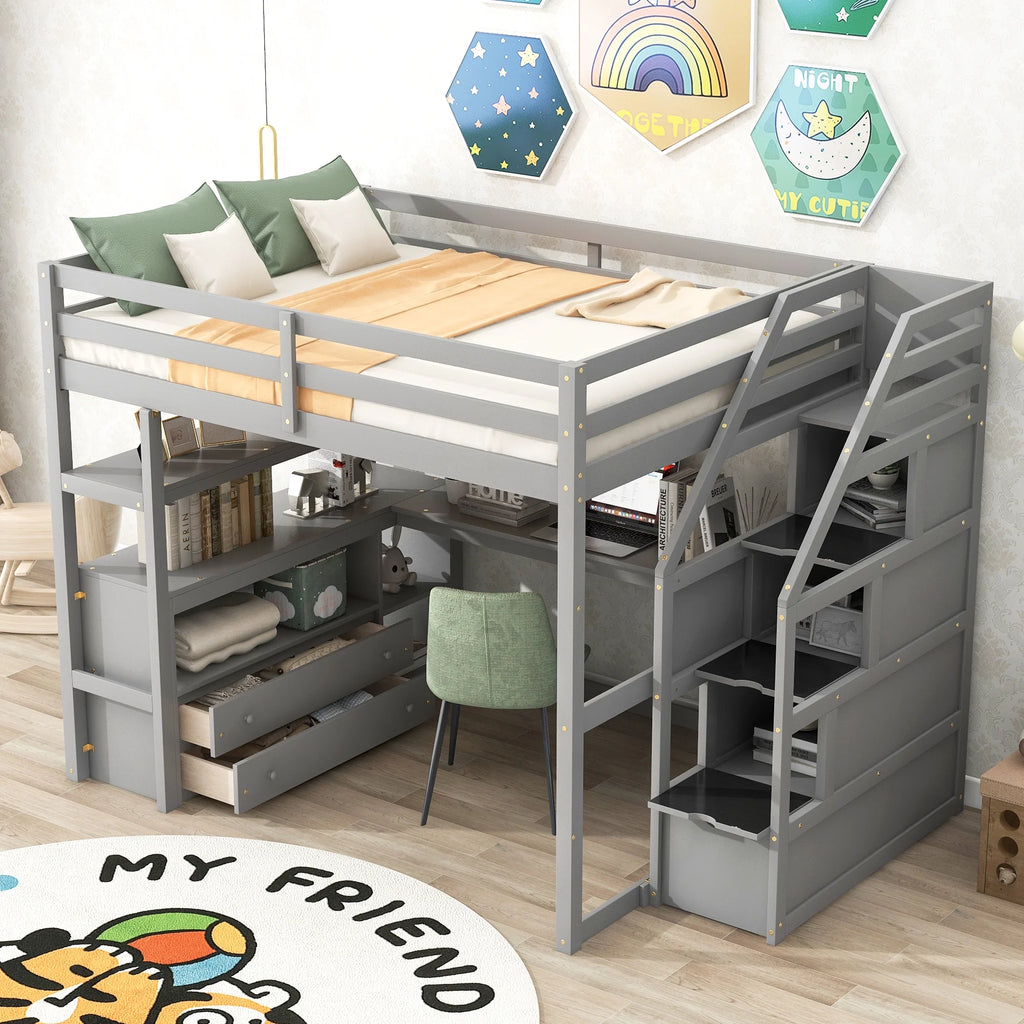 Full Wood Loft Bed with Desk, Storage Stairs, Two Drawers T505595