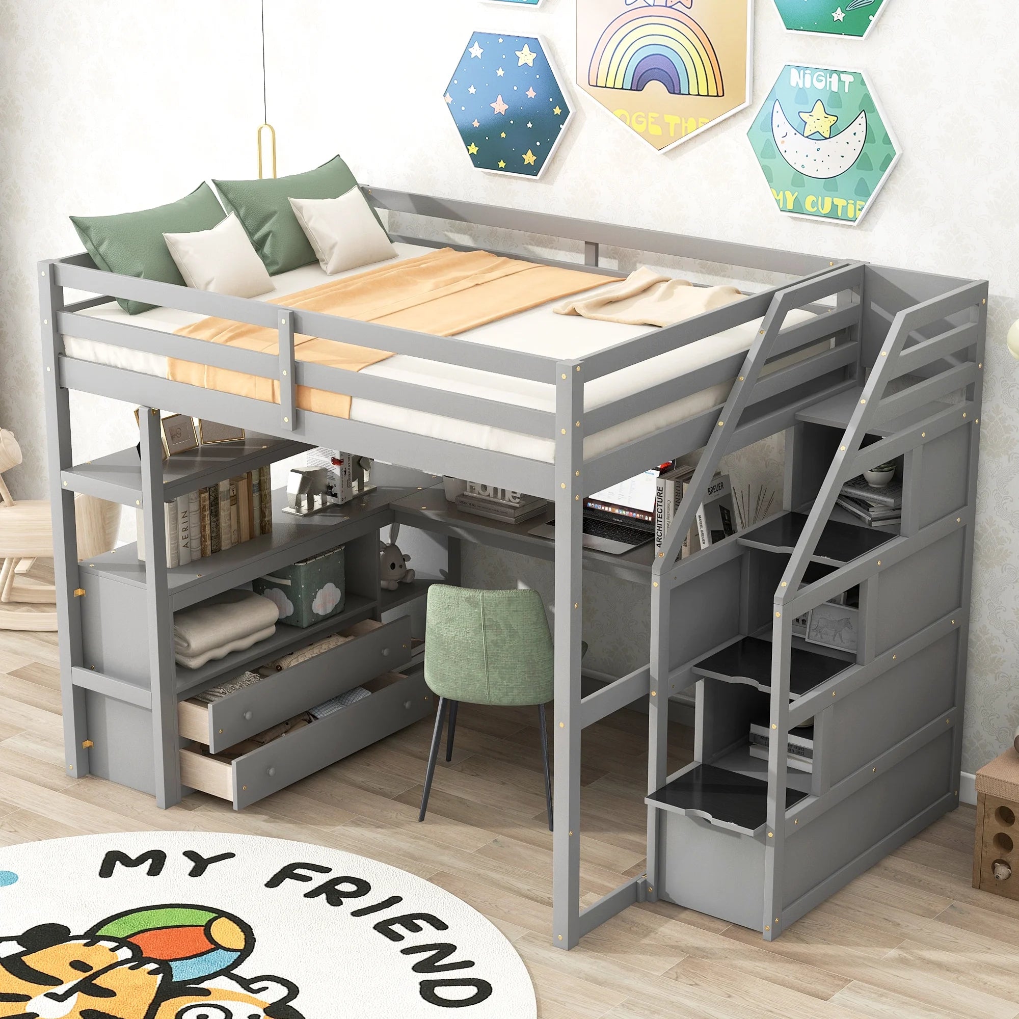 Full Wood Loft Bed with Desk, Storage Stairs, Two Drawers T505595