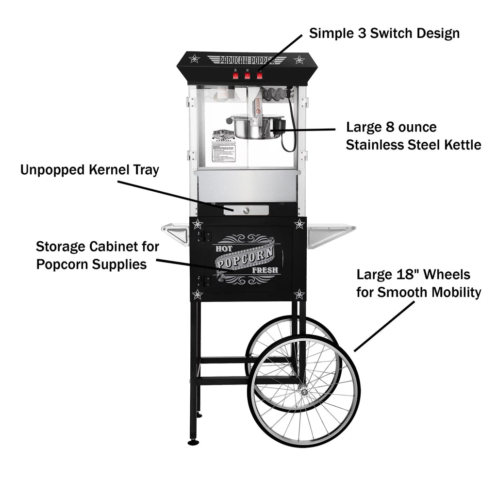 Black Antique Style 8oz Popcorn Popper Machine with Cart E599918