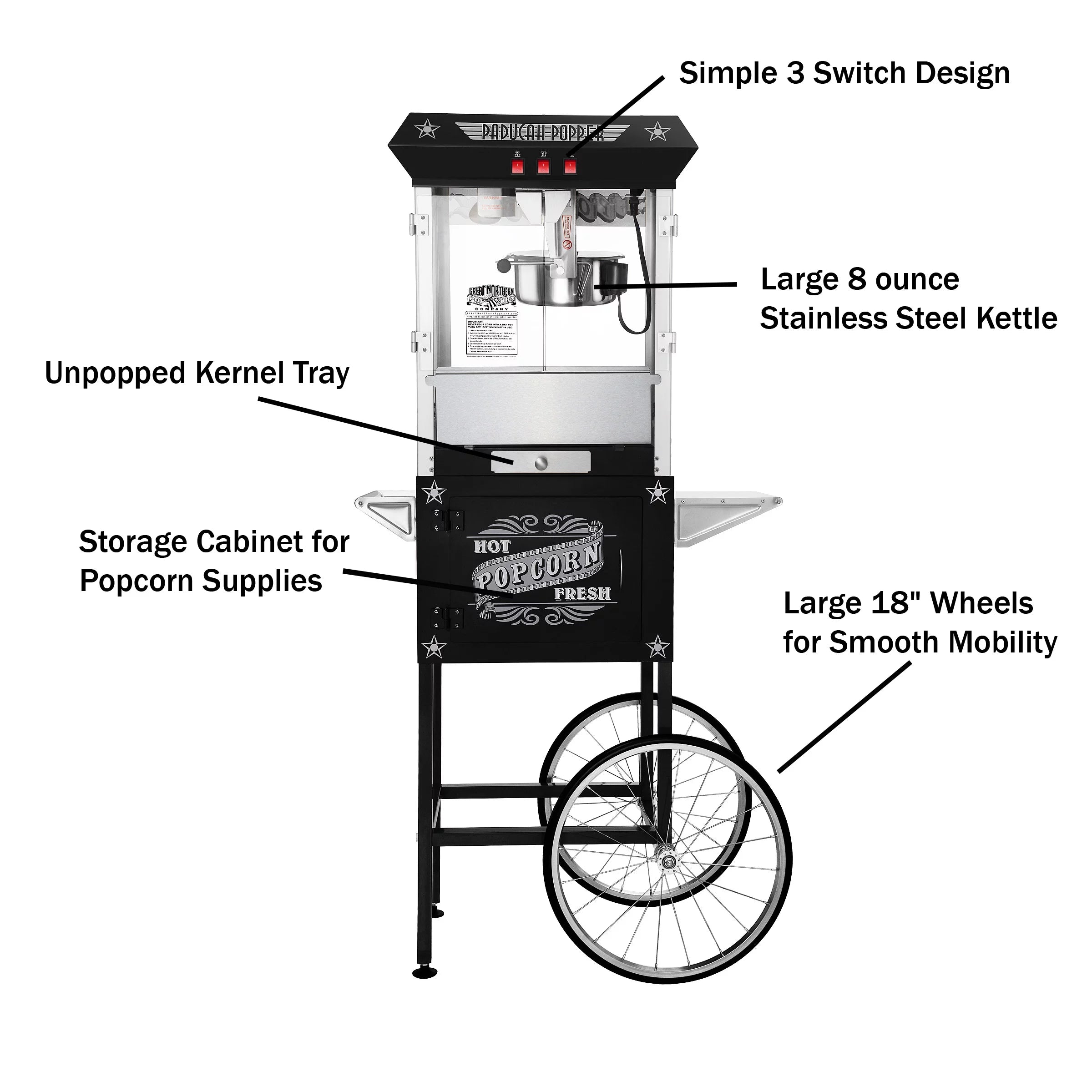 Black Antique Style 8oz Popcorn Popper Machine with Cart E599918