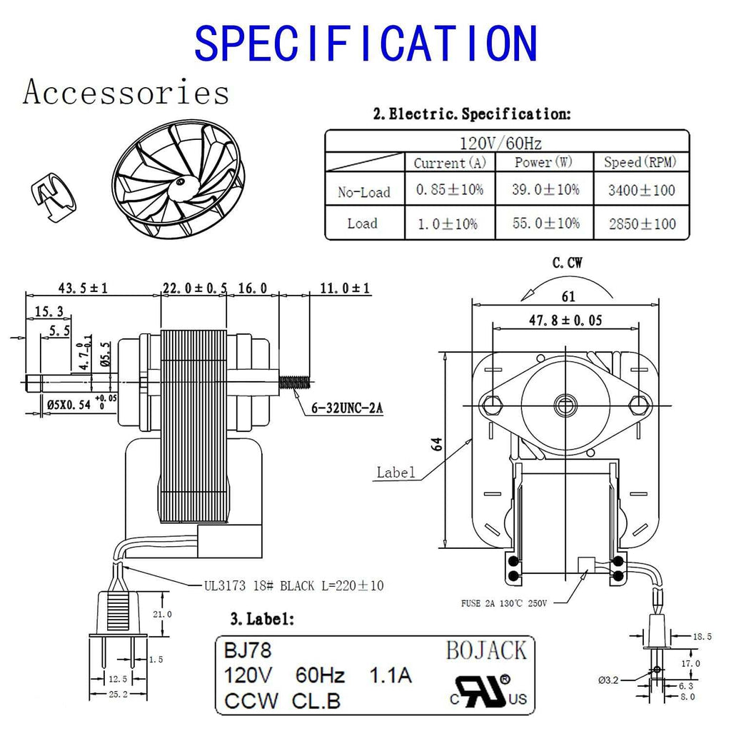 70cfm 120v 60hz 1.1A Bathroom Vent Fan Motor A675555