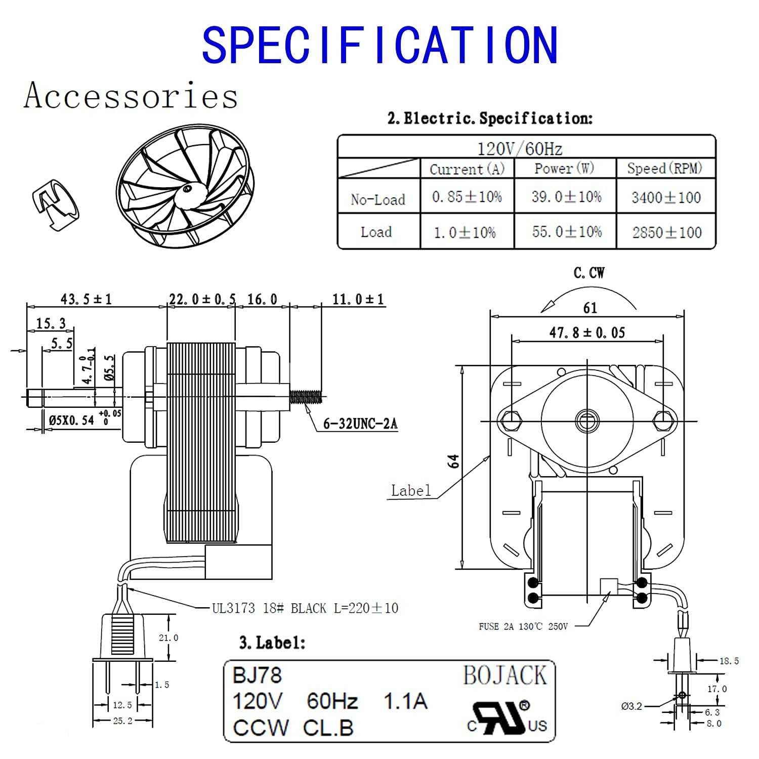70cfm 120v 60hz 1.1A Bathroom Vent Fan Motor A675555