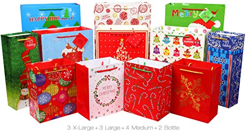 4 Extra Large 4 Large 4 Medium Christmas Print Gift Bags with Handles R605