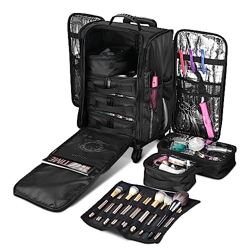 Black Rolling Makeup Train Case Soft Sided Cosmetic Storage Organizer Carry on Travel with Removable Side Pocket Bag X838608
