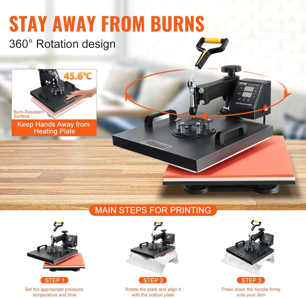 15x15 Heat Press Machine with Hat Press, 360° Swing Away Digital Tshirt Press Machine V362287
