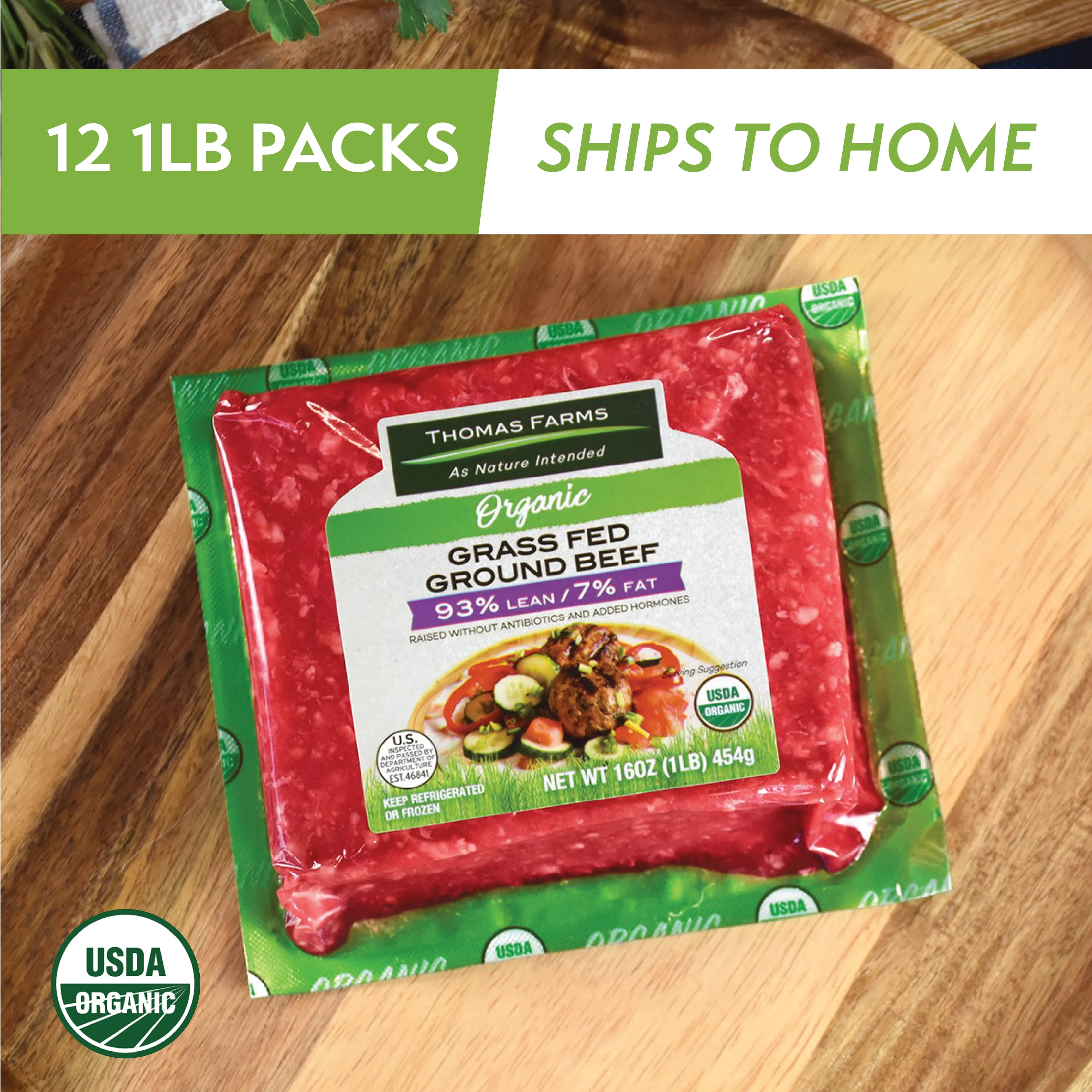 Organic Grass Fed 93/7 Ground Beef, Twelve 1 lb Packages D64356