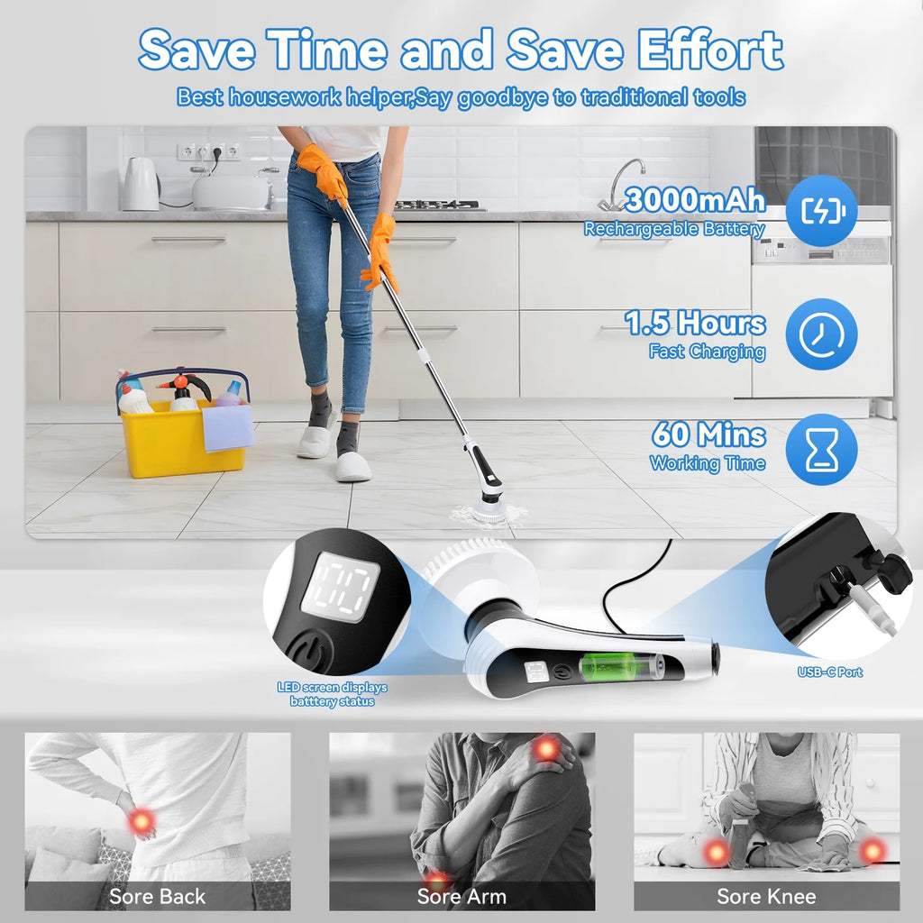 Electric Spin Scrubber with Extension Handle and 6 Replaceable Brush Heads U407202