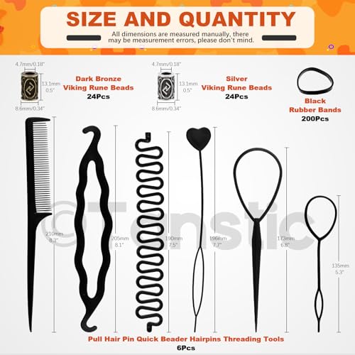 300Pcs Viking Rune Beads Hair Beard Beads Set including 5Pcs Black Pull Hairpin Quick Beader Hairpins and 200Pcs Black Rubber Bands with a Bag I181