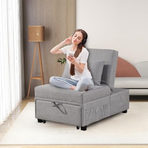 4 in 1 Convertible Linen Fabric Sleeper Chair Bed Ottoman with Adjustable Backrest & Pillow W621846