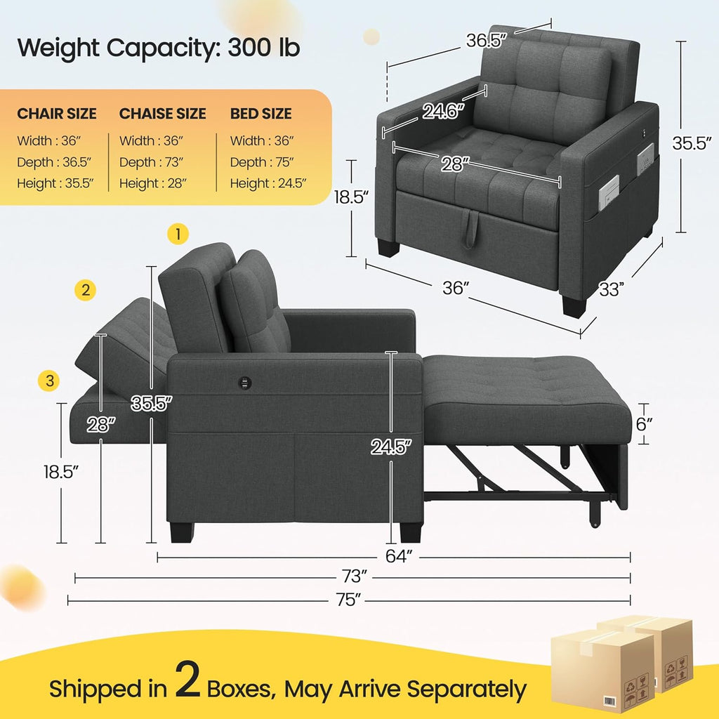 Dark Gray Fabric Convertible Futon Sofa Chair S8750