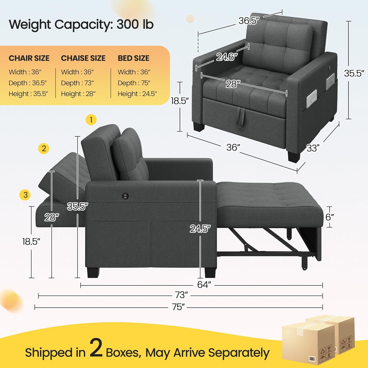 Dark Gray Fabric Convertible Futon Sofa Chair S8750