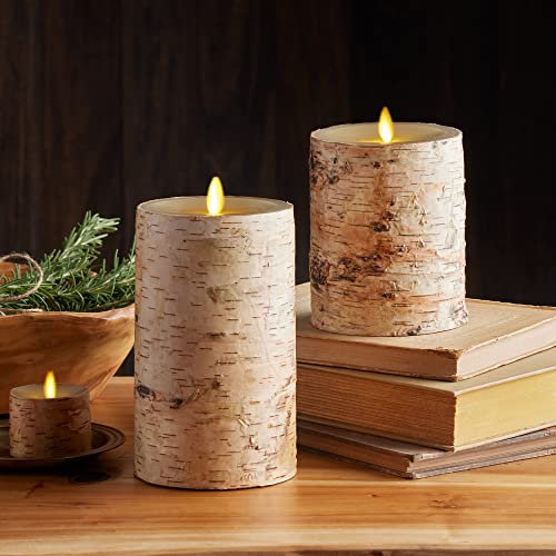 Flameless Candle Pillar with Real Birch Bark Moving Flame LED Battery Operated Lights Unscented (3.5 x 4.5-inch) V206159