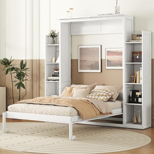 White Full Size Wood Murphy Bed with Shelves and Led Lights M5613
